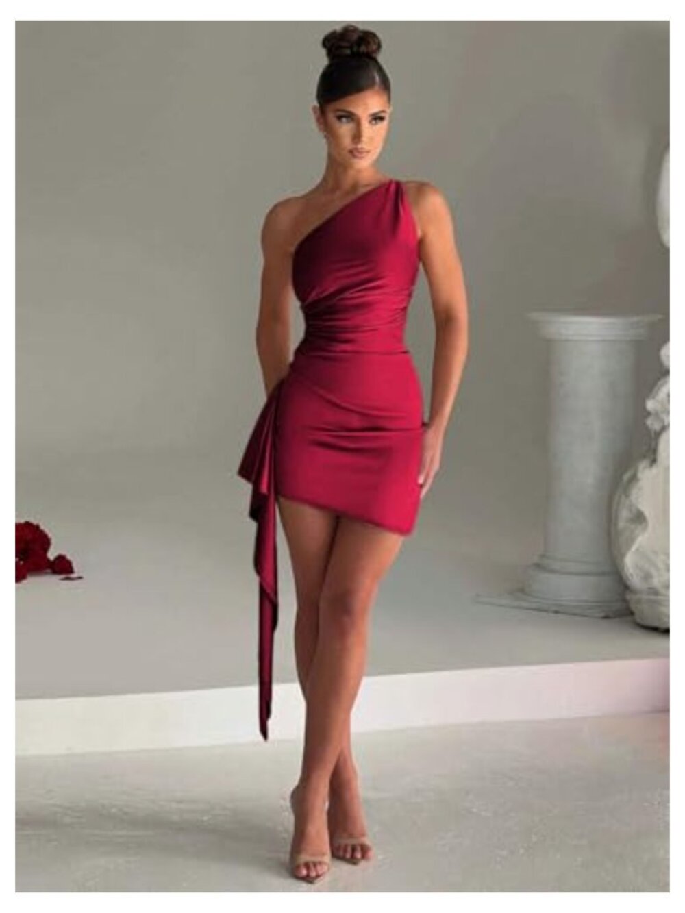 One Shoulder Ruffle Mini Dress Ruched Bodycon Party Club Cocktail - Picture 2 of 6